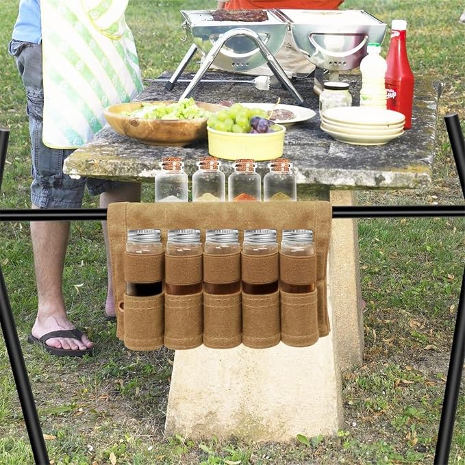 Travel Spice Kit, Portable Spice Bag with 10 Spice Jars, Canvas Seasoning Storage Bag Organizer, Seasoning Bottle Holder with Mini Condiment Bottle, Condiment Container Set for Outdoor Camping BBQ.