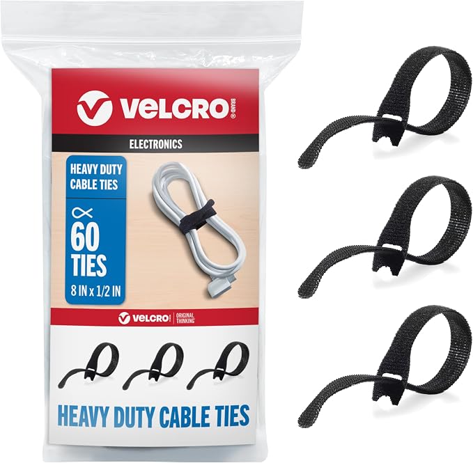 VELCRO Brand Heavy Duty Cable Ties Reusable | 60Pc Bulk Pack | 8 x 1/2" ONE-WRAP Straps, Black | Strong Wire Management | Cord Bundling for Home Office and Data Centers