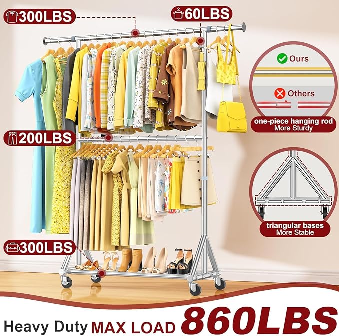 100% Stainless Steel Heavy Duty Clothes Rack Load 860LBS, Adjustable Height Double Rods Clothing Racks for Hanging Clothes, Rolling Garment Rack With Sturdy Wheels Shelf, Portable Closet Wardrobe Rack