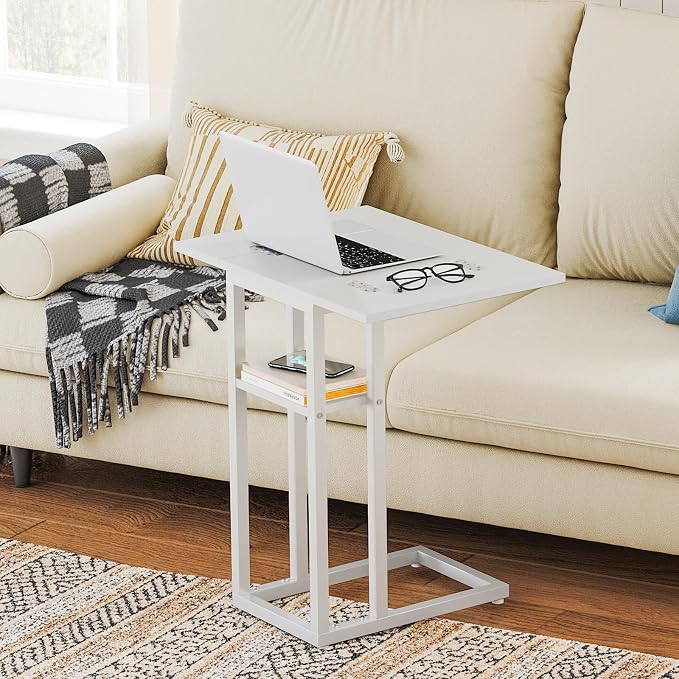 HOOBRO Foldable C Shaped End Table, C Shaped Side Table with Storage Shelf, Small Snack Table, Slide Under Couch Table for Sofa, Living Room Bedroom Small Spaces Easy Assembly, White WW29SF01