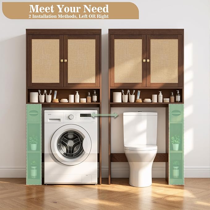 Over The Toilet Storage Cabinet Bathroom Shelf Over Toilet Bathroom Organizer Space Saver Rack with Adjustable Shelf (Chocolate, Rattan Style)