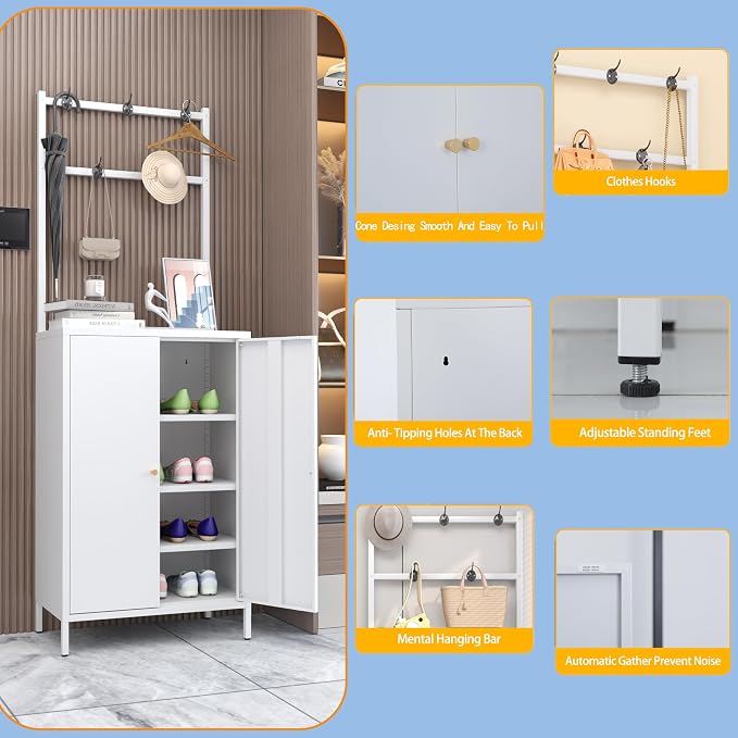 Tall Metal Shoe Cabinet with Coat Rack,Shoe Storage Cabinet with Doors,Hanging Bar,Hooks for Entryway, Hallway, and Living Room,2in1 Hall Tree with 3 Adjustable (Cabinet with Rack, White)