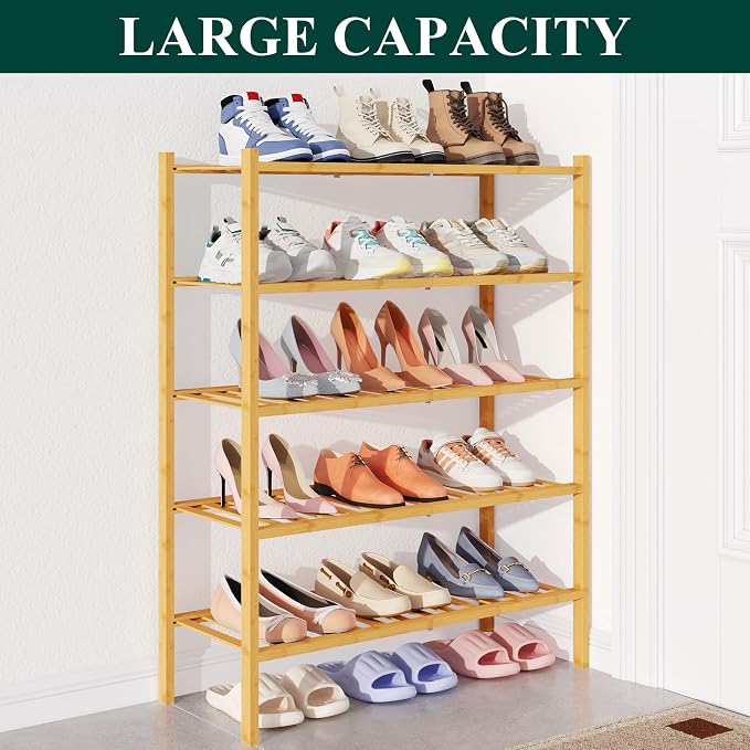 Smiry Bamboo Shoe Rack for Closet, 5 Tier Wooden Shoe Organizer, Stackable Wood Shoe Storage Shelf for Entryway, 14 Vertical Slats, 2+3 Stack Heavy-Duty Legs, 26.77"x11.02"x31.3", Natural