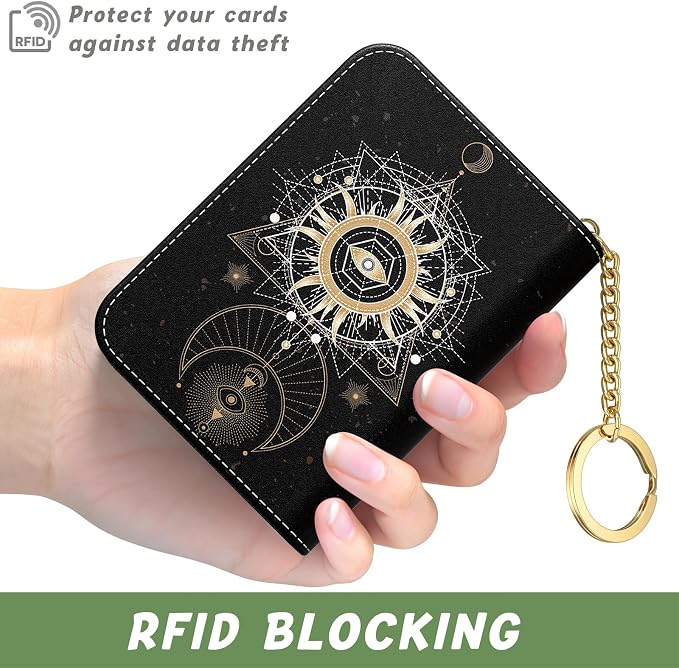 Aiawoxc Credit Card Holder, Small RFID Wallet Slim Leather Card Organizer Case with Zipper and Keychain, Mysterious Cosmic Galaxy