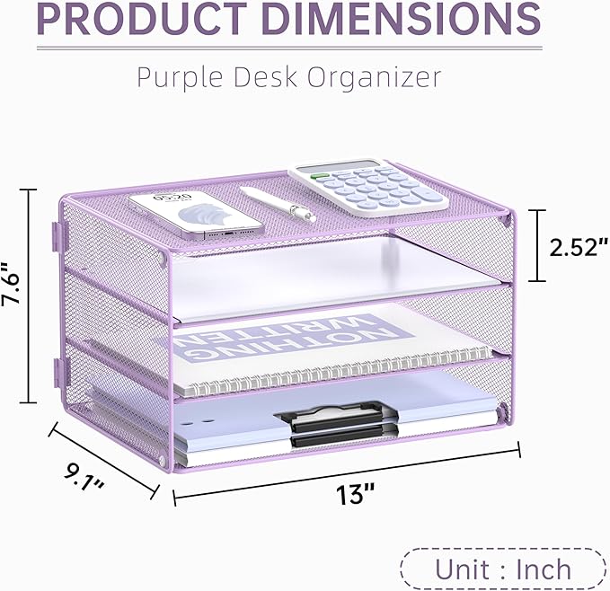 DALTACK 3 Tier Letter Tray Paper Organizer for Desk, Mesh Metal Desk File Organizer with Sliding Trays for Letter/A4 Paper, Mail, Bills & Folders, Light Purple