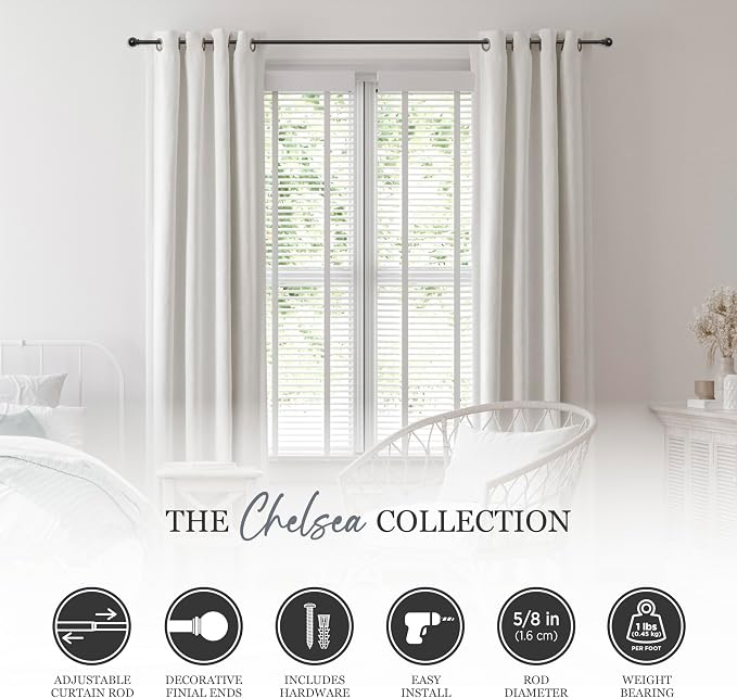 Kenney – Chelsea Curtain Rod, Durable 5/8" Steel Rod with Decorative Ball Ends, Adjustable 30–86" for Light to Medium Weight Curtains, Black