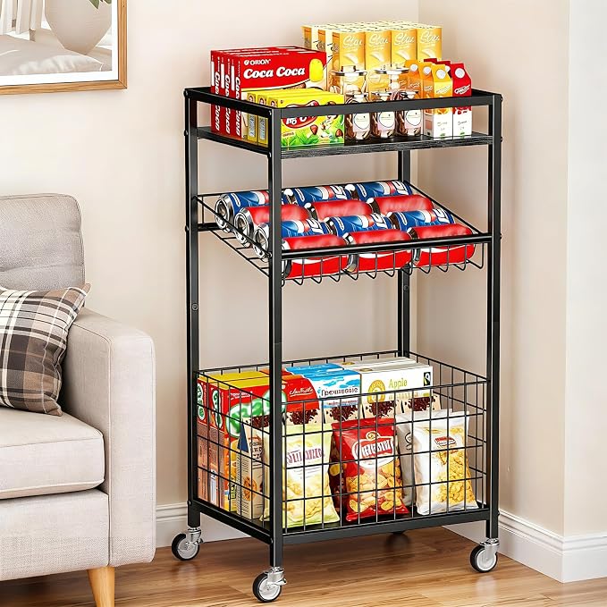 Fruit Vegetable Cart, 3-Tier Snack Cart on Wheels & Wood Top, Black | Vegetable Rack For Kitchen, Kitchen Cart Organizer for Fruit, Vegetables, Potato, Snack