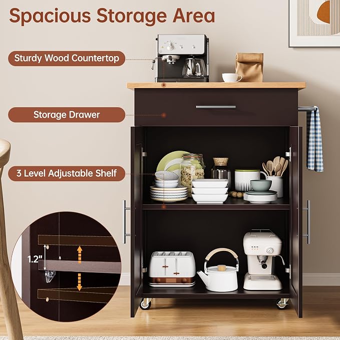 OtterOasis Kitchen Island Cart with Storage, Small Kitchen Island on Wheels with Large Drawer, Adjustable Shelf & Towel Rack, Rolling Island Table for Kitchen & Dining Room, Dark Coffee