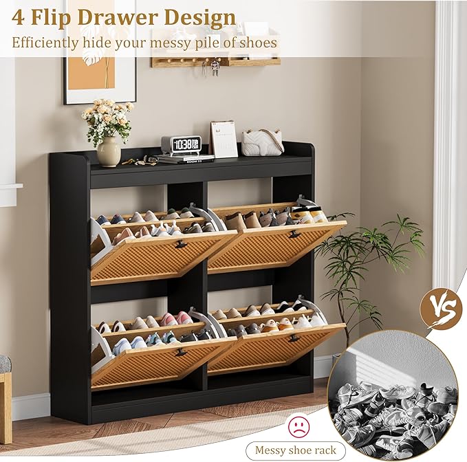 Garvee Shoe Storage Cabinet with 4 Deep Flip Drawers, Wood Shoe Cabinet with Rattan Doors and Adjustable Shelves- Freestanding Shoe Organizer for Entryway, Hallway (Black, 4 Drawers- 2PCS)