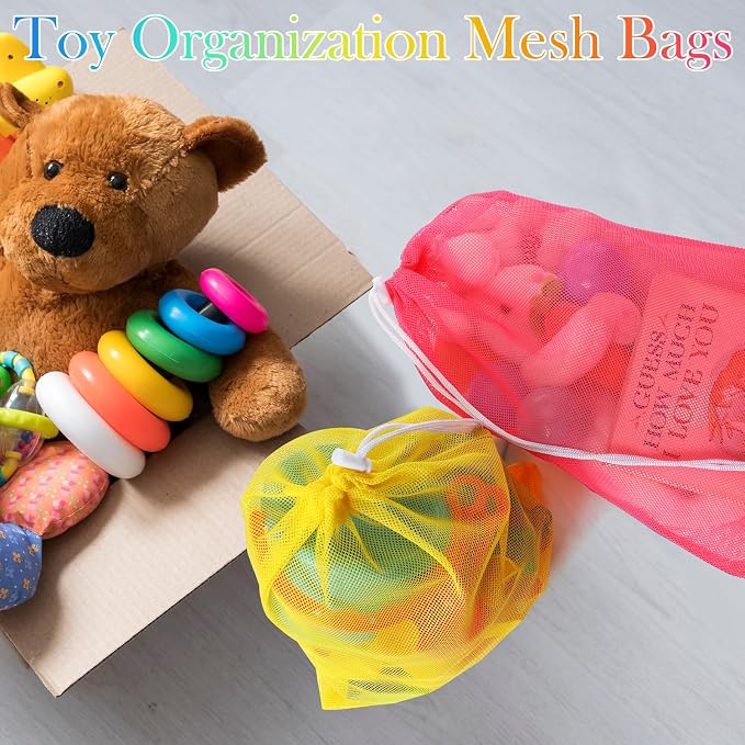 Frienda 6 Pieces Mesh Stuff Sack, 11 x 15 Inch Durable Nylon Drawstring Laundry Bag for Rinsing Beach Toys, Seashell Collecting, Mesh Bags for Travel(Fluorescent Color)