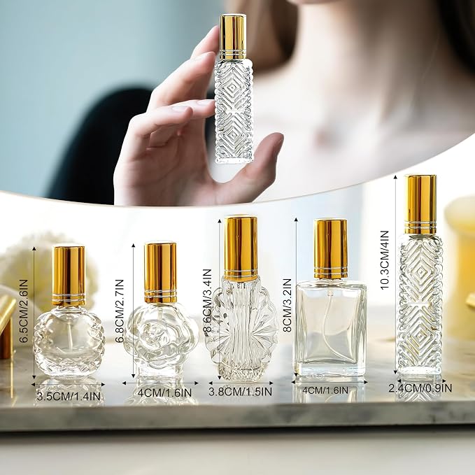 5 Pcs Vintage Glass Empty Perfume Bottles Refillable with Spray | Vintage Empty Perfume Bottles with Fine Mist Spray Refillable Set of 5 for Travel Vanity Home Office Wedding Party Decor