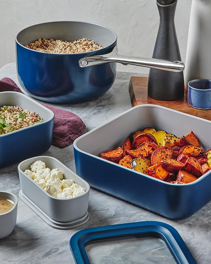 Caraway 6pc Glass Food Storage Set – 10 Cup Food Containers (6) - Ceramic Coated - Non Toxic, Non Stick with Lids - Microwave Safe - Navy