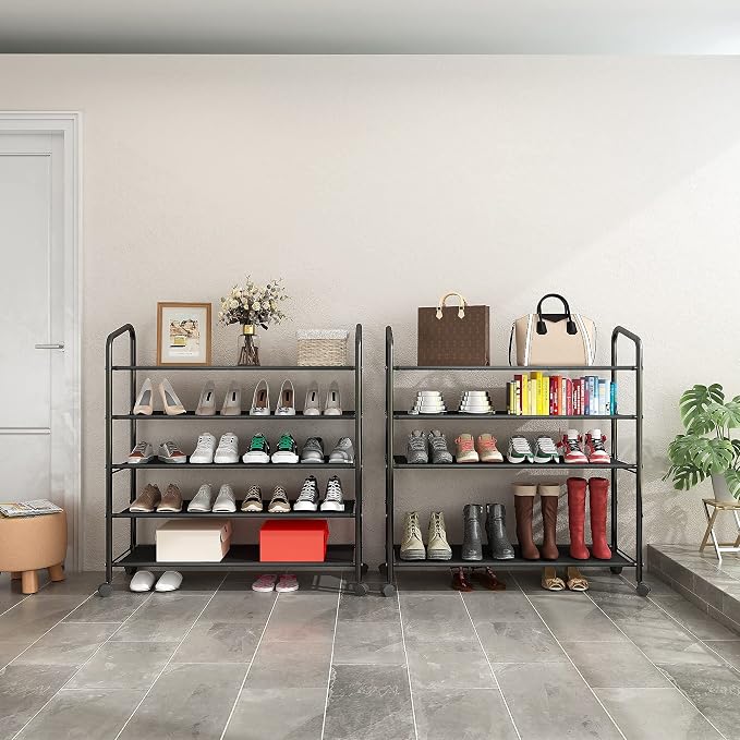 5 Tier Black Metal Shoe Rack Organizer Shoe Stand,Sturdy Rolling Shoe Shelves Storage Racks Organizer for Garage Entryway Closet Floor,with Wheels,31 Inches Wide,Fabric Shelves