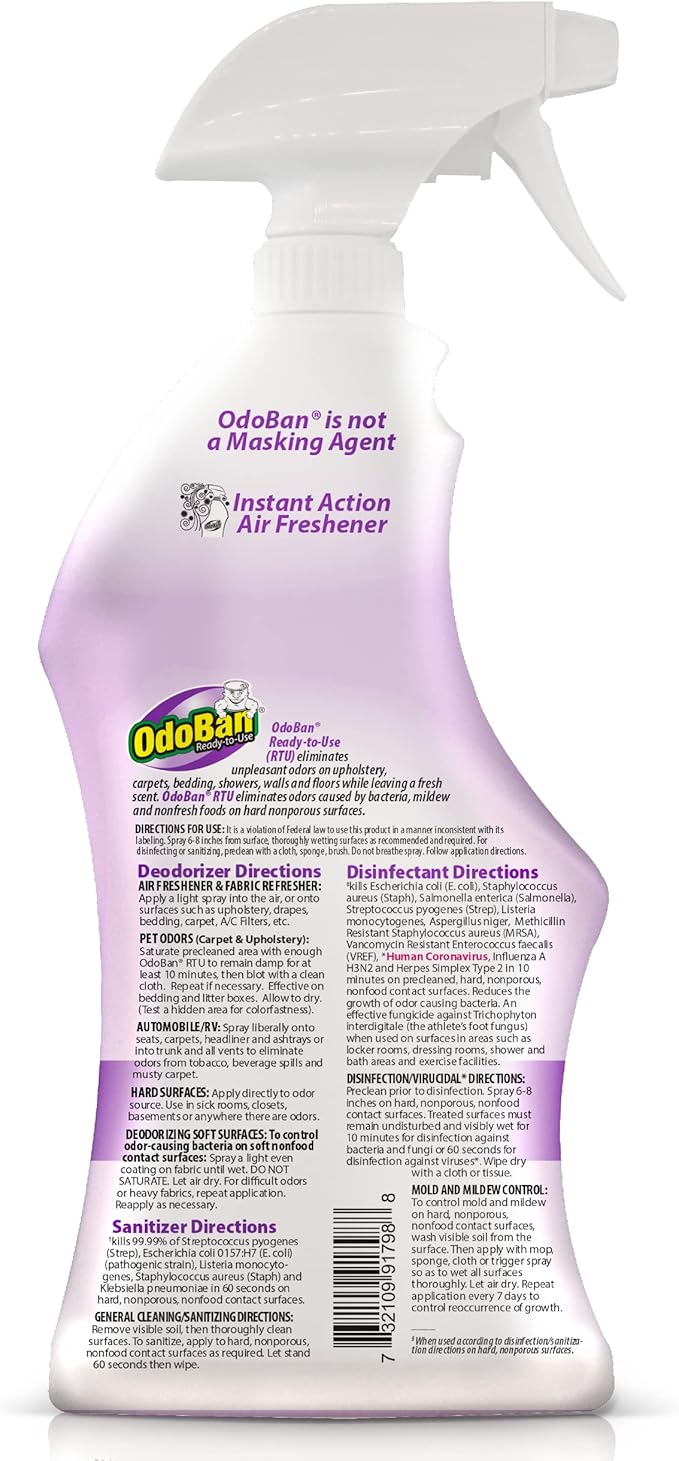 OdoBan Ready-to-Use Disinfectant and Odor Eliminator, Made in the USA, Lavender Scent, Set of 2, 32 oz Spray and 1 Gallon Concentrate