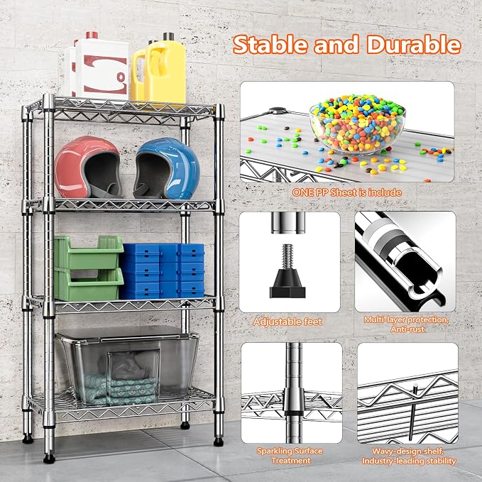 M MZG 1000 lbs 4 Tier Shelf Metal Storage Shelves Wire Rack Closet Organizers with PP Board for Garage Kitchen Bathroom Laundry Chrome 11.8" D x 21.7" W x 39.5" H