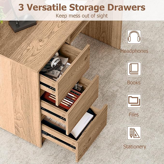 GOFLAME Computer Desk with 3 Drawers & Charging Station, 42” Home Office Desk with Storage & Keyboard Tray, Writing Desk PC Workstation Vanity Table (Natural)