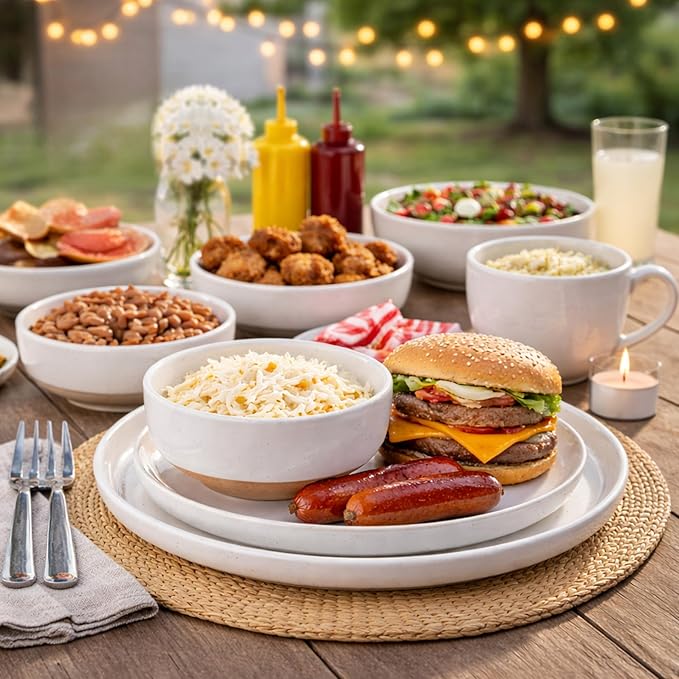 AmorArc Ceramic Dinnerware Sets for 4, 12 Pieces Handpainted Plates and Bowls Set with Rustic Terracotta Underside, Scratch Resistant Stoneware Dishes Set, Dishwasher & Microwave Safe, White