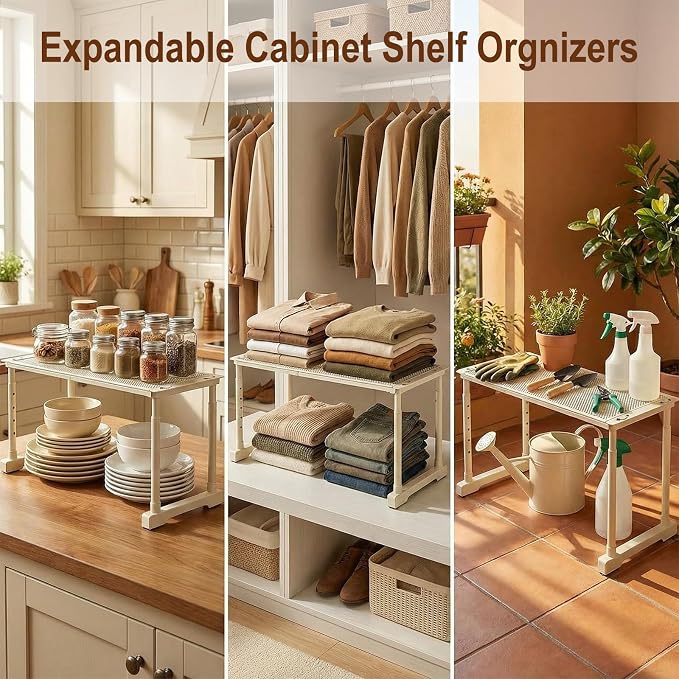 Expandable Cabinet Organizer Shelf, Adjustable Height Under Sink Storage Organizer, Shelf Riser for Kitchen, Bathroom, Wardrobe, Under Sink Counter(Beige) (2)