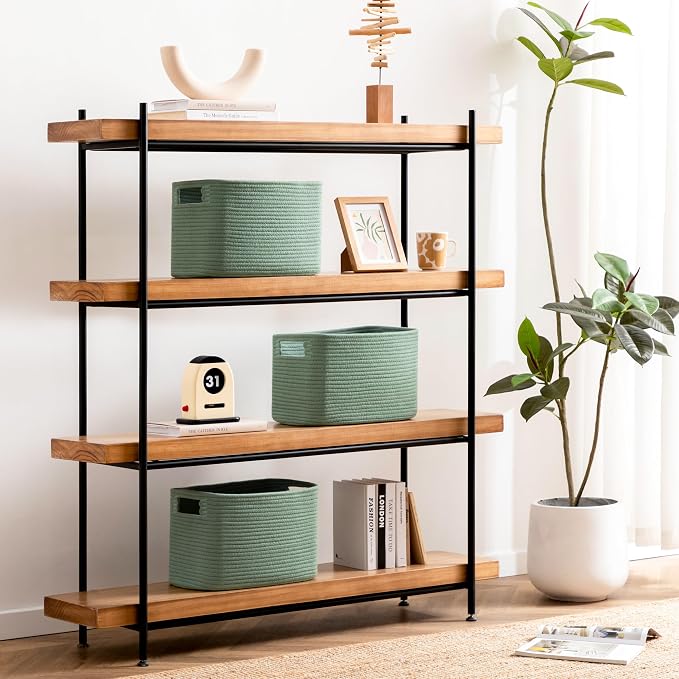 4 Pack Storage Baskets for Organizing, Shelf Baskets with Handles, Green | 14.5"L x 9.8"W x 9"H, Woven Basket, Cotton Rope Basket, Toy Storage, Cube Shelf, Gift Baskets Empty, Home Decor