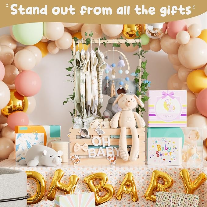 Large Baby Shower Gifts Basket Wooden Crate, Personalized Wooden Letters Hangers New Born Baby Girl Boy Pregnancy Gifts for New Mom Parents Vine Decorations Cute Closet with Adjustable Handle