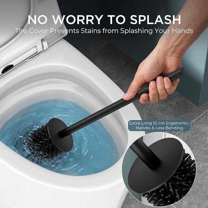 FORIOUS Toilet Cleaner Brush, 2 Toilet Bowl Brush Head Square Short Black | Heavy Duty 304 Stainless Steel Base, Silicone and Plastic Brush Heads, 360° Deep Cleaning, Drip-Proof, Splash-Proof Design