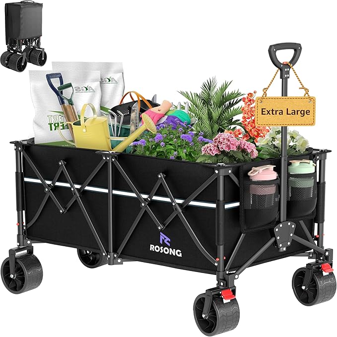 ROSONG Collapsible Wagon Cart with Wheels Foldable - Folding Utility Heavy Duty Wagons Carts for Grocery Sports Garden Shopping Camping Wheelbarrows (Black, 260L)