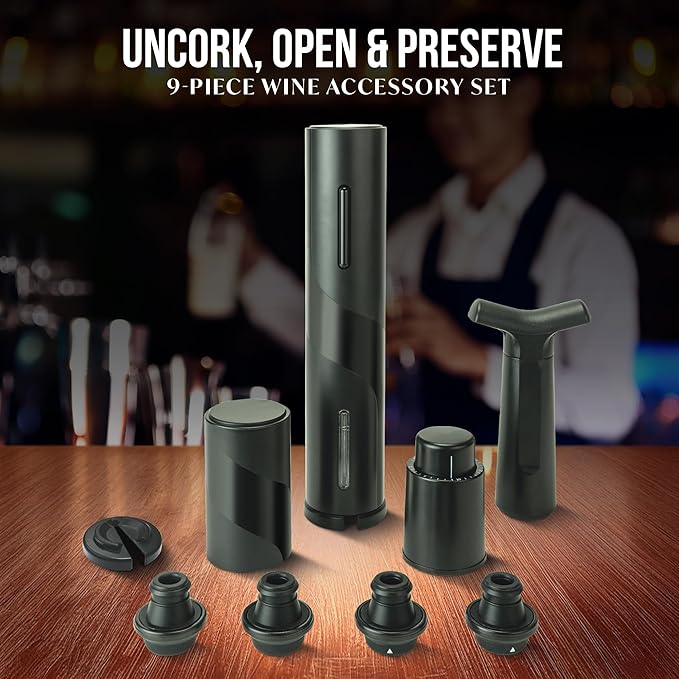 Cork & Vine ‘The Barkeeper’ 9-Piece Beer and Wine Set | Bar Accessories for The Home Bar Set | Battery Operated Cordless Beer & Wine Bottle Opener, Deluxe Wine Bottle Stopper | Preserve Opened Wine