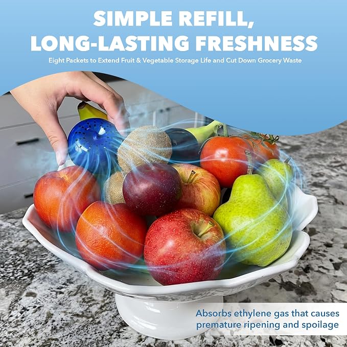 Bluapple Produce Saver Ethylene Gas Absorber with Activated Carbon, 1 Year Supply, Keeps Fresh Fruits & Vegetables Longer - Produce Saver for Kitchen - 8-Packets, 13g Total (Active Formula + Carbon)