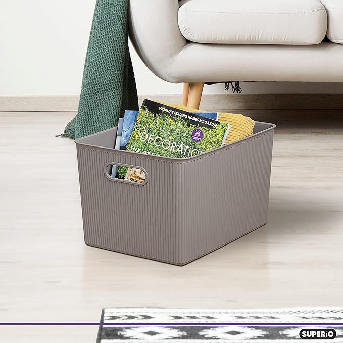 Superio Ribbed Collection - Decorative Plastic Basket Open Home Storage Bins Organizer, X-Large Taupe (6 Pack) Container Boxes for Organizing Closet Storage Bins for Shelves 22 Liter/23 Quart