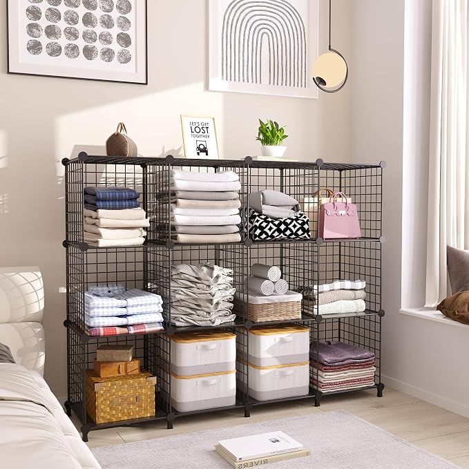 AWTATOS Wire Cube Storage, Closet Organizer, 12 Cube Storage Shelf, Black | Metal Cube Storage Shelves Bookshelf, Portable Closet Clothes Organizer, Wire Shelving for Bedroom, Home, Office