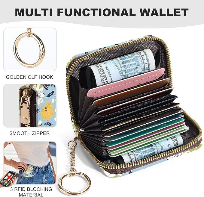 Credit Card Holder for Women,Small Rfid Wallet with Keychain Zipper,Cute PU Leather Card Case Wallet，Accordion Credit Card Wallets Gift,Yellowish-white floral print
