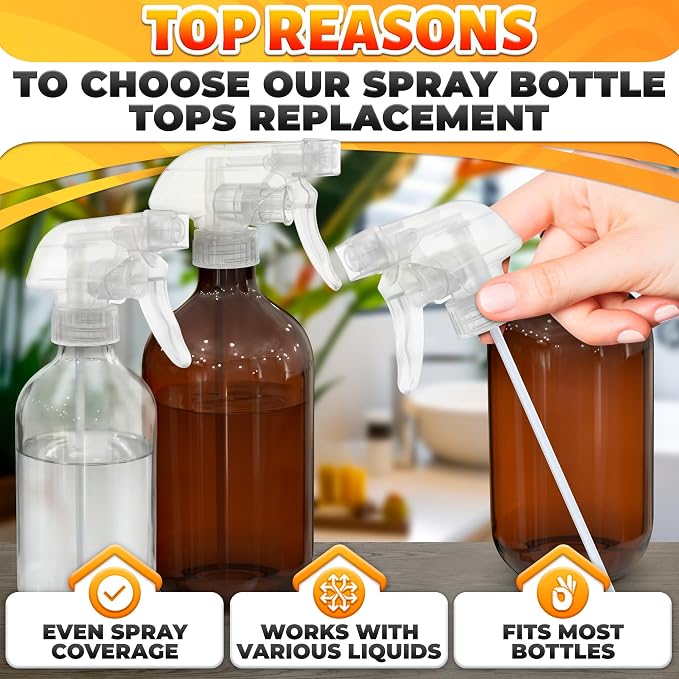 ALPENKOK 12Pack Spray Nozzle for Bottles, Trim-To-Fit Tube; Plastic (Clear) | Spray Bottle Nozzle Replacement; Fits 8 and 16 Oz; Trigger Sprayer with Mist, Stream & Off Modes; for Cleaning and Garden