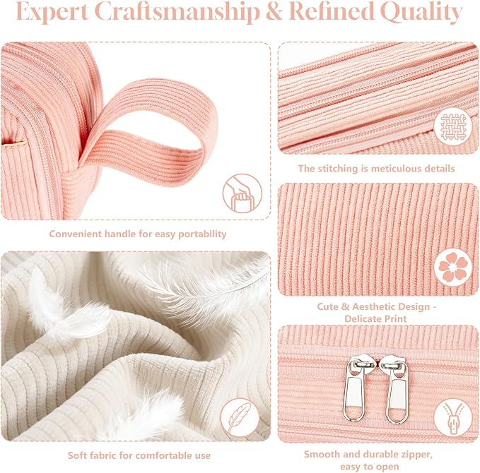 TESAFNG Corduroy Pencil Case, Large Capacity Pencil Pouch with 4 Compartments, Cute Soft Aesthetic Stationery Pen Bag Organizer with Zipper, Portable School Supplies for Teen and Adult Girls, Pink