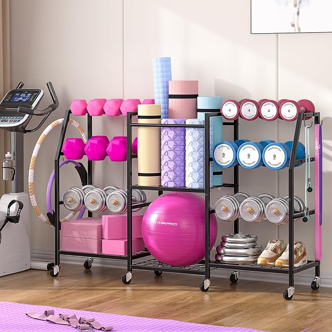 Dumbbell Rack, Yoga Mat Storage Rack, Home Gym Storage Rack for Kettlebells, Exercise Equipment Storage with Wheels and Hooks, All in One Home Gym Equipment Organizer