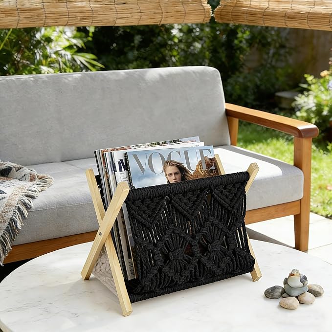 Boho Macrame Magazine Holder,Hand-Woven Magazine Rack for Home Office | Multifunctional Storage Basket for Letters, Magazines, Books and Newspapers