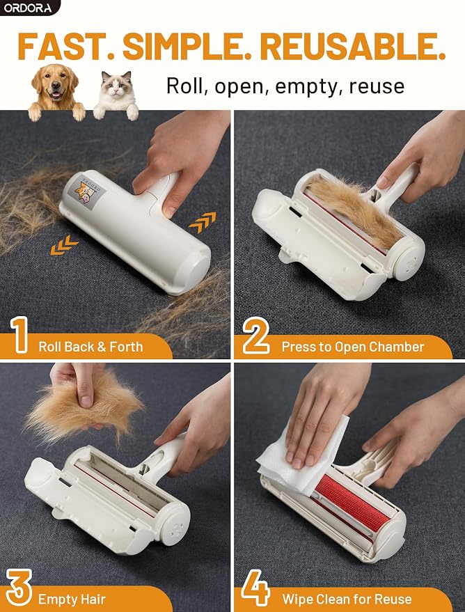 ORDORA Pet Hair Remover Roller, Reusable Lint Roller for Dog and Cat Hair | Portable Pet Hair Roller with Large Fur Bin for Couches, Bedding, Car, Rugs & Furniture, No Refills or Batteries, Pet Homes