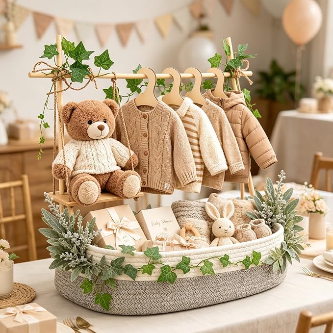 Large Baby Shower Basket Empty Baby Shower Crate Closet Woven Baskets | 16.5" x 9.5" Woven Baskets with Clothes Hangers and Gift Bag New Born Empty Storage for Welcome Gift Pregnancy New Parent