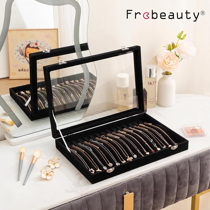 Frebeauty 15 Hooks Necklace Organizer,Velvet Necklace Holder Tray with Lid | Jewelry Organizer for Necklace Pendant Chain,Women Jewelry Box,for Home Use and Jewelry Store,Jewelry Display for Drawer