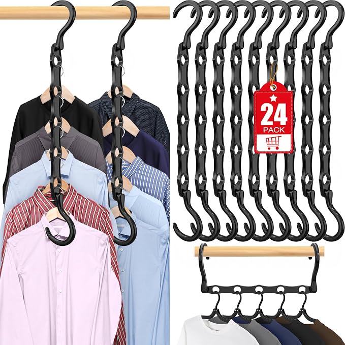 24 Pack Hangers Space Saving Magic Plastic Hanger Organizer Shirt Space Saving Hangers, Multi Clothes Hangers Space Saver for Closet Organizers Storage College Dorm Room Essentials, Dark Black