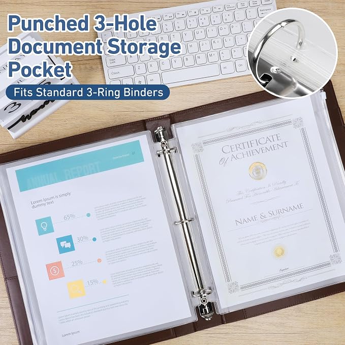 Antner 36 Pack Letter Size Binder Pockets for 3-Ring Binder Zipper Pouch Waterproof PVC Document Organizer 3-Hole Loose Leaf Folders File Sleeves Storage Bags Side Loading for Business Office Supplies