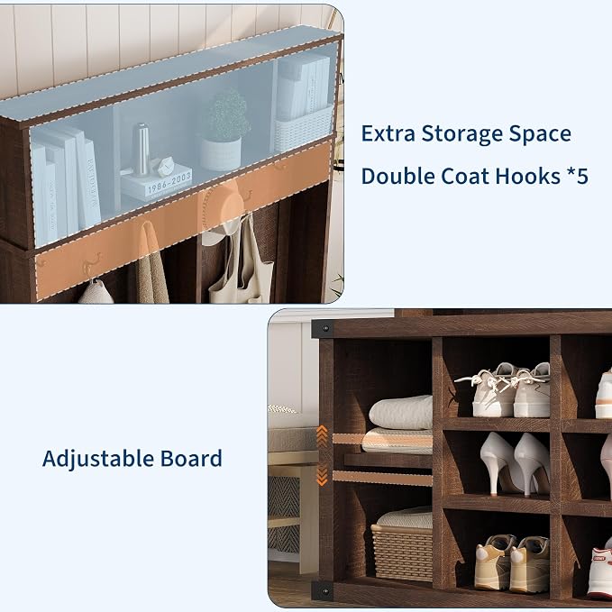 Garvee Farmhouse Entryway Hall Tree with Bench, Shoe Storage & Coat Rack | Large 5-in-1 Mudroom Storage w/ 6 Tri-Hooks & Seating, 13 Cubbies & Adjustable Shelf, Metal Corner Protctor, Rustic Brown