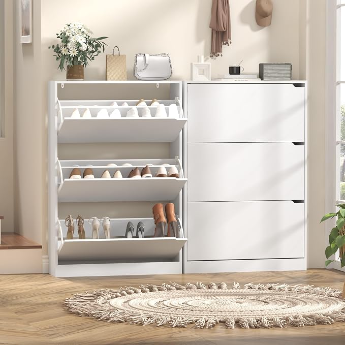 Wodeer Narrow Shoe Cabinet for Entryway, Slim Shoe Storage Cabinet with 3 Flip Drawers, Hidden Wood Shoe Cabinet Storage, Freestanding Shoe Rack Organizer Foyer, Hallway, White