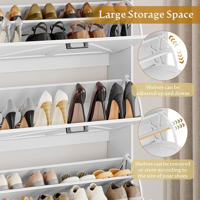 Wodeer Shoe Cabinet Storage for Entryway, Shoe Storage Cabinet with 3 Flip Drawers, Freestanding Narrow Shoe Rack Organizer with Metal Legs & Side Hook for Foyer, Hallway, White