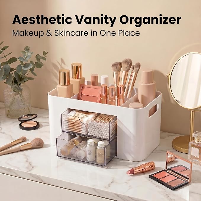 White Desk Organizer with Drawers, 4 Slots, Side Handles, Pen Holder | Desktop caddy for office supplies, makeup brushes, art & vanity | 5 compartments, 2 pull-out drawers, built-in side handles