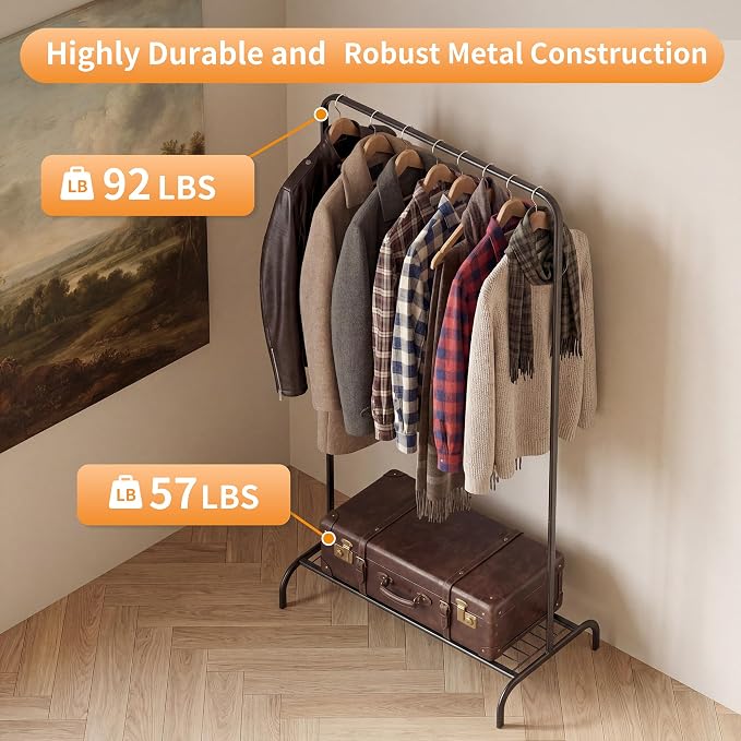 Black Clothing Rack for Small Spaces, 45" Height Garment Rack for Small Spaces, Stable Standing Clothing Organizer with Bottom Shelf, Portable Rack for Dorm, Apartment & Studio, 92LBS Capacity