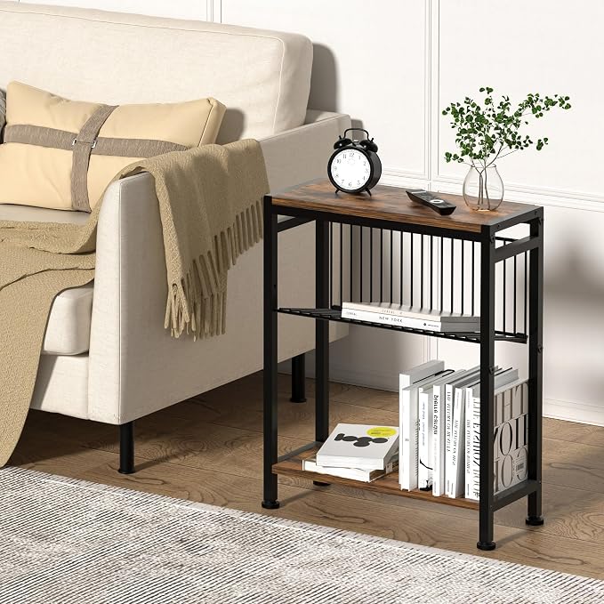 Side Table for Small Spaces, Set of 2 Narrow End Table with Magazine Holder, 2 in 1 Design Slim Side Table, Skinny Nightstand for Living Room Bedroom, Thin Side Magazine Table, Rustic Brown