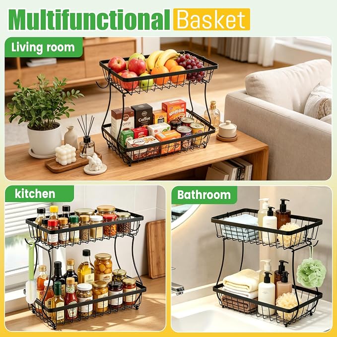 2-Tier Fruit Basket for Kitchen Counter with 2 Banana Hangers | Large Metal Fruit Bowl, Versatile Holder for Veggies, Produce Storage, 12.5"×7.5"×12"-Black