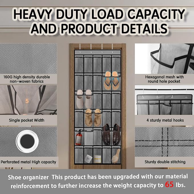 Kotkn Over the Door Shoe Organizer with 30 Breathable Mesh Pockets (2PC-Gray)