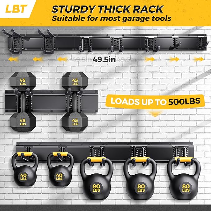 LBT 49.5"Garage Tool Organizer Wall Mount 500lbs Garden Tool Organizer | Anti-Rust, Adjustable Hooks, Sheds Garden Tool Organizer Black, Gifts For Men Dad Husband