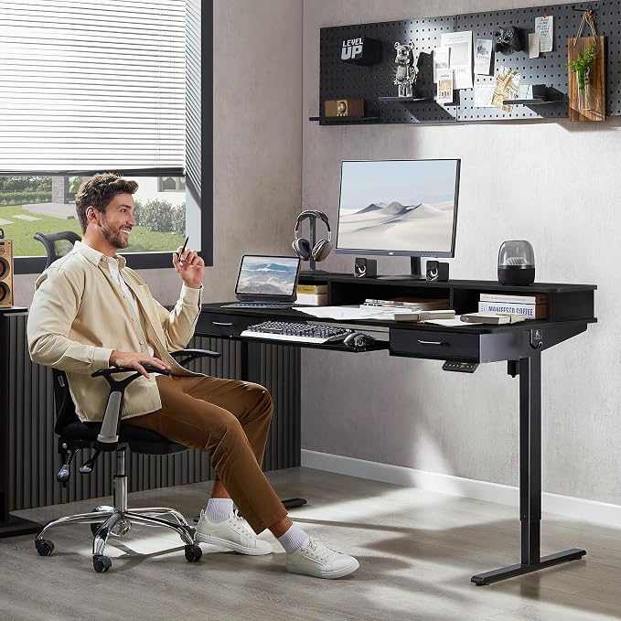 WALKINGDESK 63x24 Inches Electric Standing Desk with Keyboard Tray, Height Adjustable Stand up Desk with 2 Drawers, Ergonomic Sit to Stand with Storage Monitor Stand, Computer Table, Black
